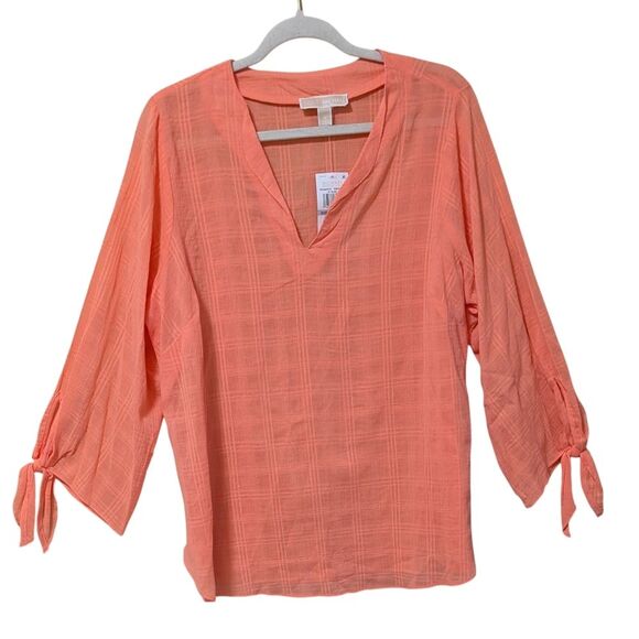 NWT Michael Kors cotton gauze tie sleeve shirt plus 1X orange v-neck windowpane - Picture 1 of 10